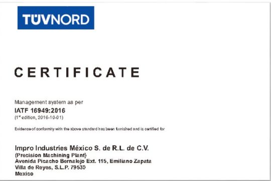 鹰普墨西哥精密机加工工厂获得IATF 16949认证